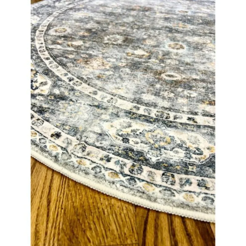 New 4ft Washable Grey Circular Rug, Non-Slip Low Pile Carpet for Bedroom & Dorm